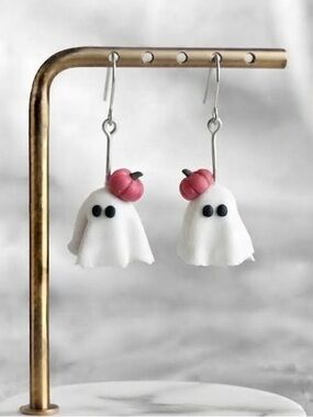 Pumpkin Ghost Dangles — Halloween — Handmade Earrings — White & Pink